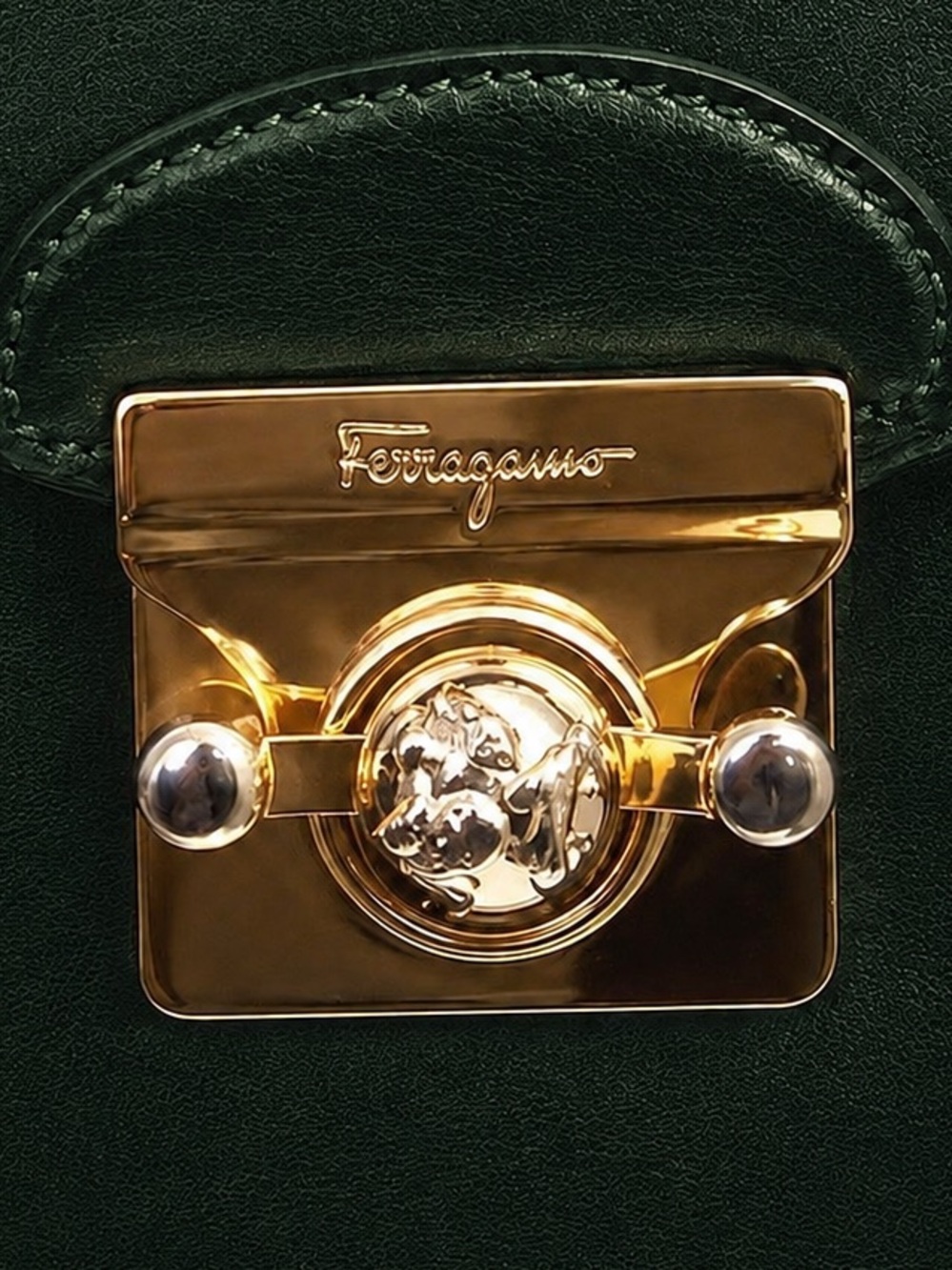 Vintage Salvatore Ferragamo Dark Green Leather Gancini Top Handle Bag - Picture 3 of 16